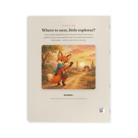 A printed book or booklet cover shown against a plain white background. The cover has a warm cream/beige tone with the title 'Where to next, little explorer?' at the top, a central illustrated scene of a fox in a landscape, and the brand name 'mirabelo' near the bottom.