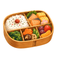 A wooden bento box packed with salmon, rice and fruit