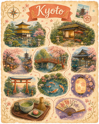 Illustrated Kyoto adventure map with the golden pavilion, torii gate and koi pond
