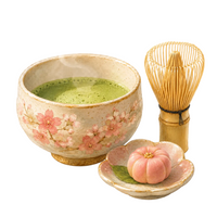 Matcha bowl, bamboo whisk and wagashi sweet