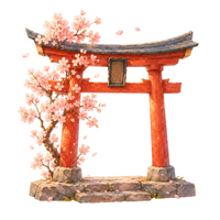 A red torii gate with falling cherry petals