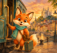 Lyon Adventure Pack cover — Filou the fox arriving in Lyon