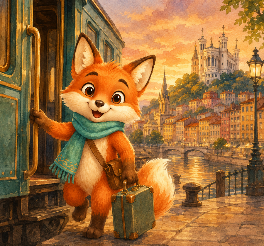 Lyon Adventure Pack cover — Filou the fox arriving in Lyon