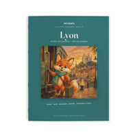 A children's activity booklet titled 'Lyon' by mirabelo, featuring a teal cover with a central illustration of a friendly fox standing by a canal in Lyon, France.