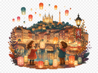 Two children releasing lanterns at the Fête des Lumières in Lyon