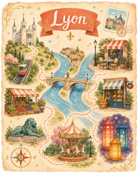Illustrated Lyon adventure map with the funicular, market, bakery and Fête des Lumières
