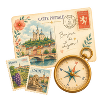Bonjour de Lyon — postcard, stamps and compass