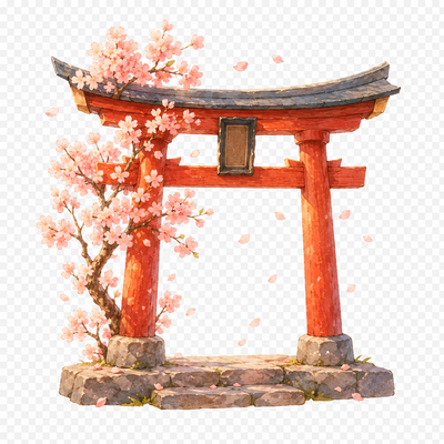 A red torii gate with cherry blossom
