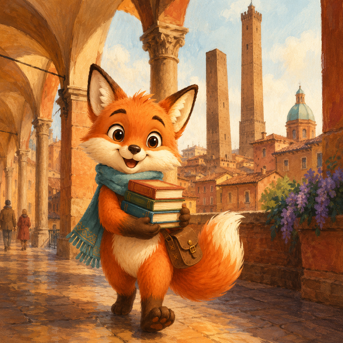Filou the fox walking under city porticoes with a stack of books