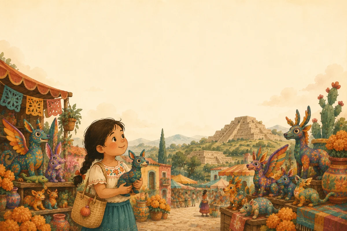 Filou the fox with his suitcase in a golden city street
