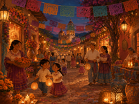 An evening celebration under papel picado and lanterns