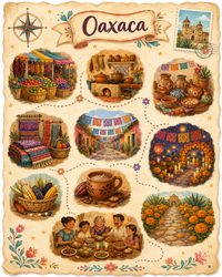Illustrated Oaxaca adventure map with the market, kitchen and marigold path