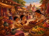 The Oaxaca market at sunset — corn, cacao and woven textiles