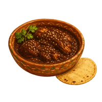 A bowl of mole with a warm tortilla