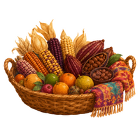 A woven basket of corn, cacao and fruit